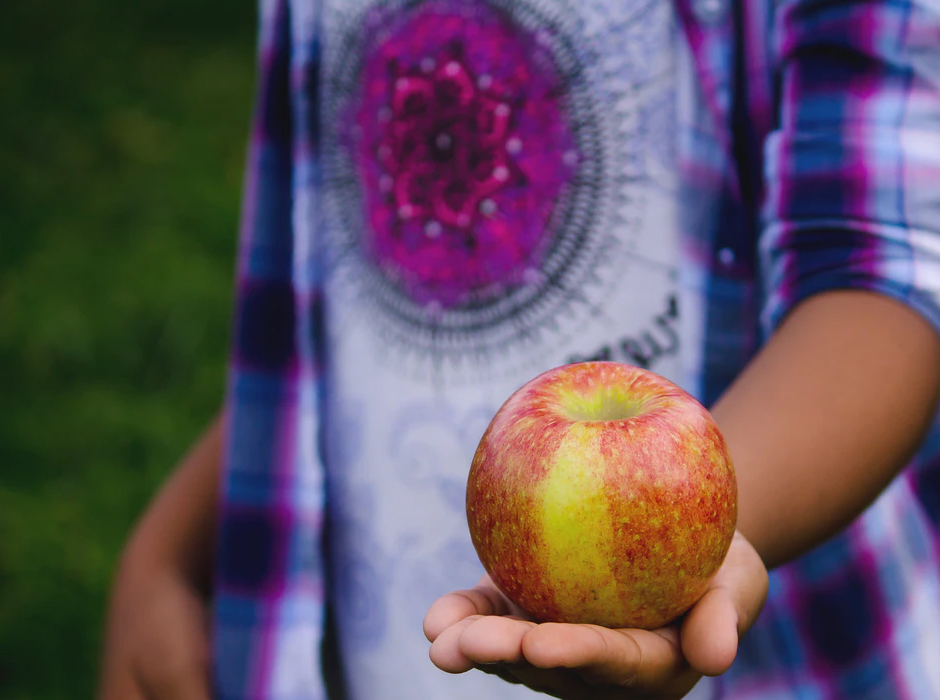 boy wearing tie-dyed shirt holding apple